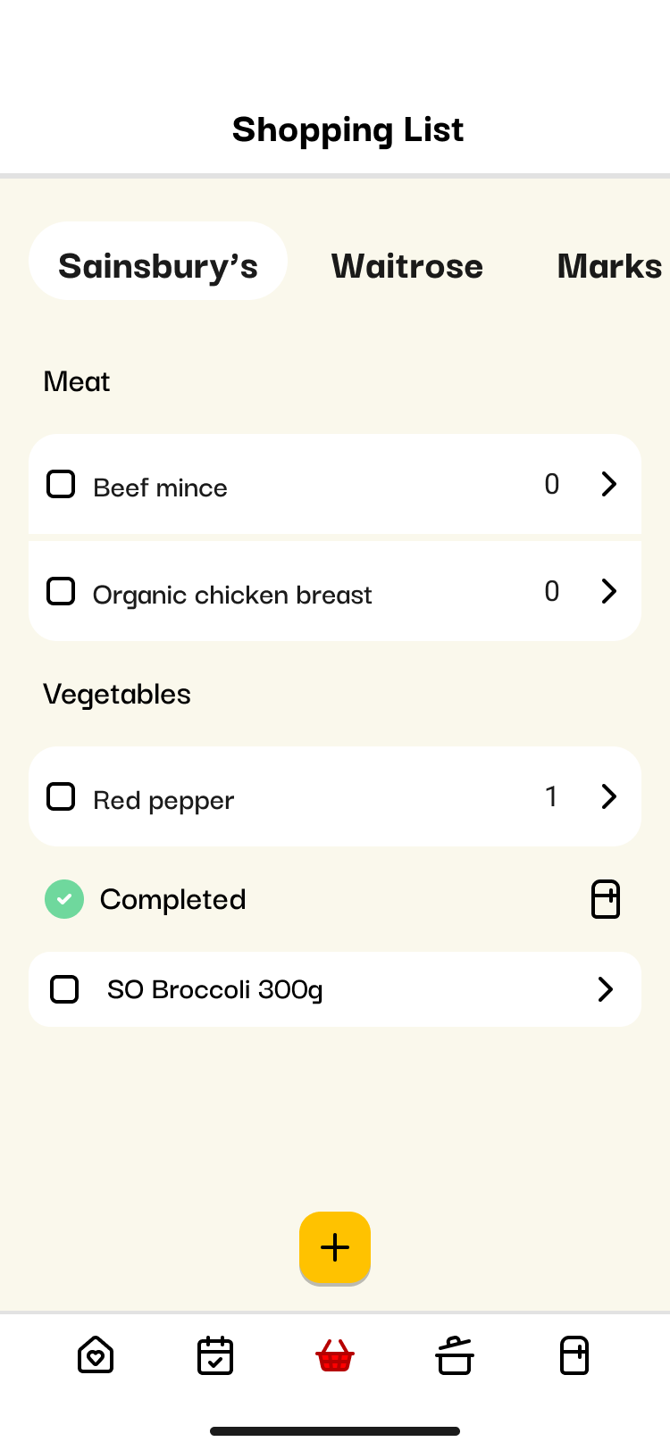 Feedle shopping list screen